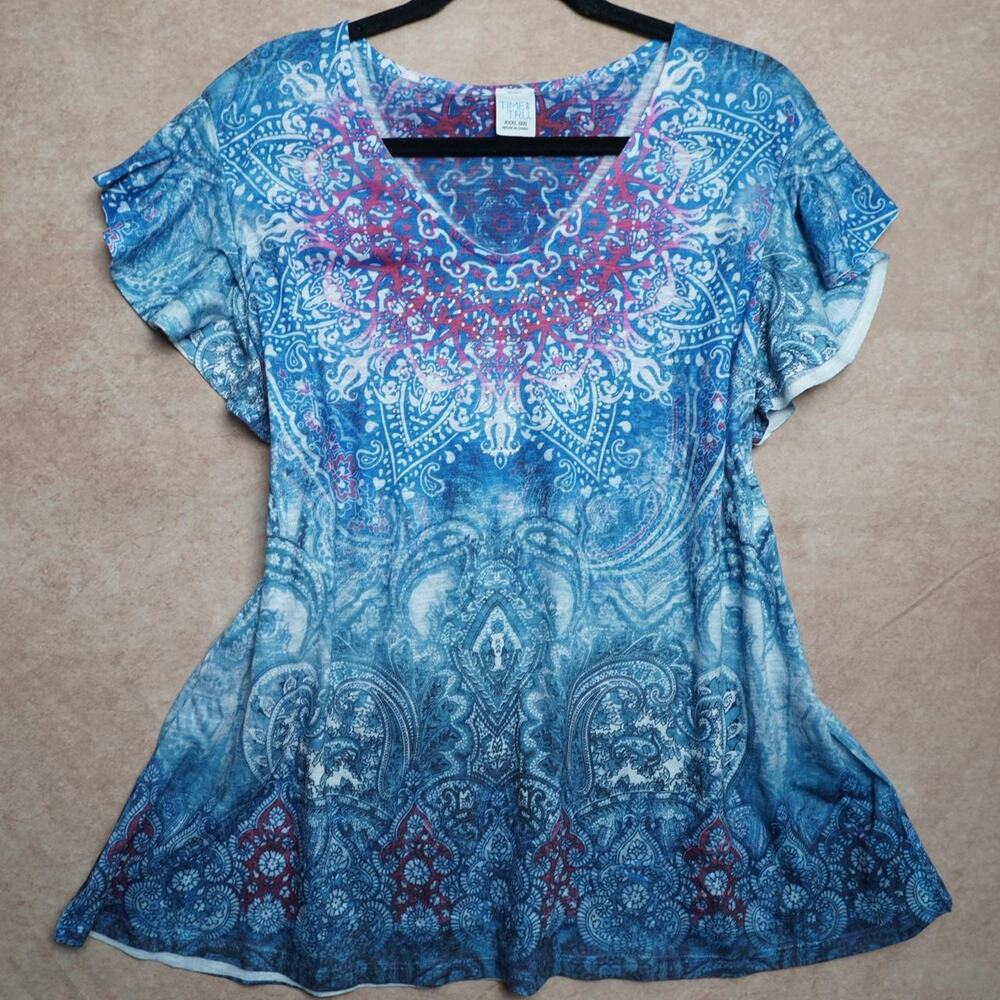 Time and Tru Paisley Flutter Sleeve Top 2XL Y2K